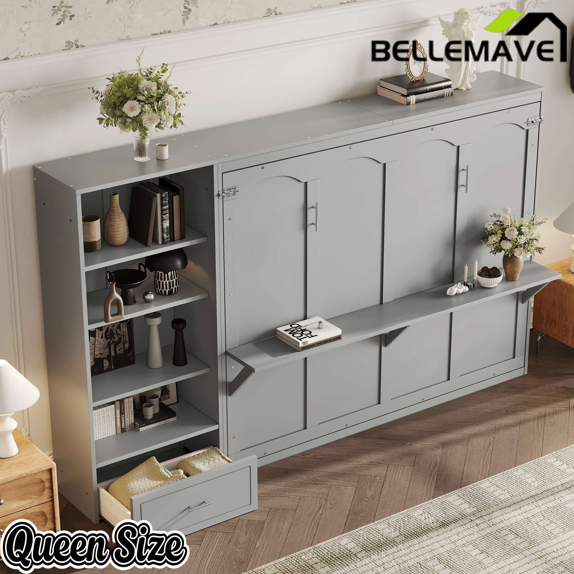 Bellemave® Queen Size Murphy Bed, Modern Folding Wall Bed with Storage Shelves & Drawer, Hidden Murphy Bed Frame for Small Spaces, Home Office - Bellemave