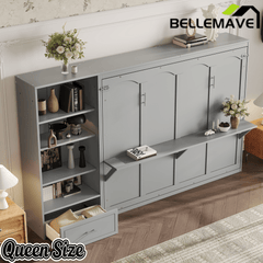 Bellemave® Queen Size Murphy Bed, Modern Folding Wall Bed with Storage Shelves & Drawer, Hidden Murphy Bed Frame for Small Spaces, Home Office - Bellemave