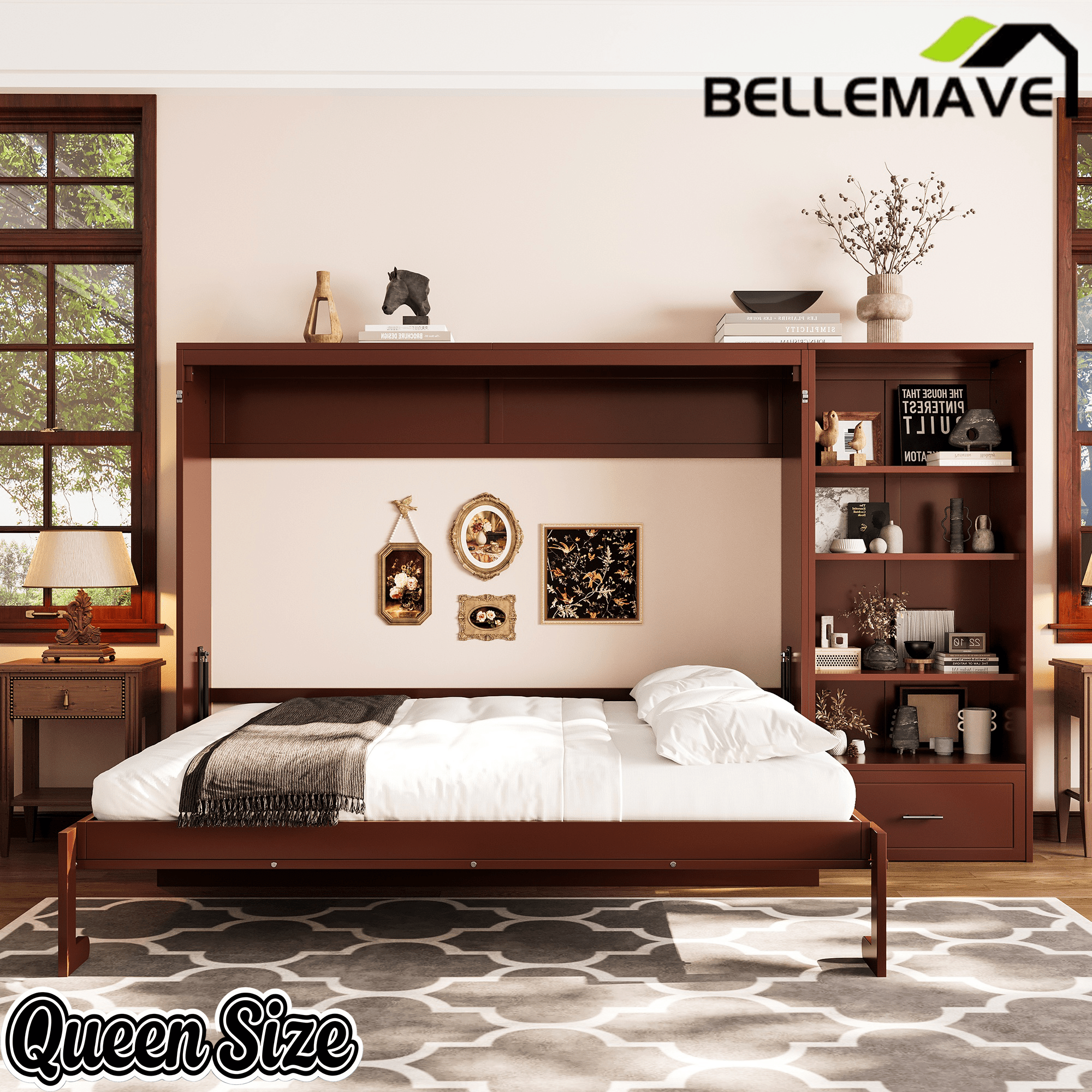 Bellemave® Queen Size Murphy Bed, Modern Folding Wall Bed with Storage Shelves & Drawer, Hidden Murphy Bed Frame for Small Spaces, Home Office - Bellemave