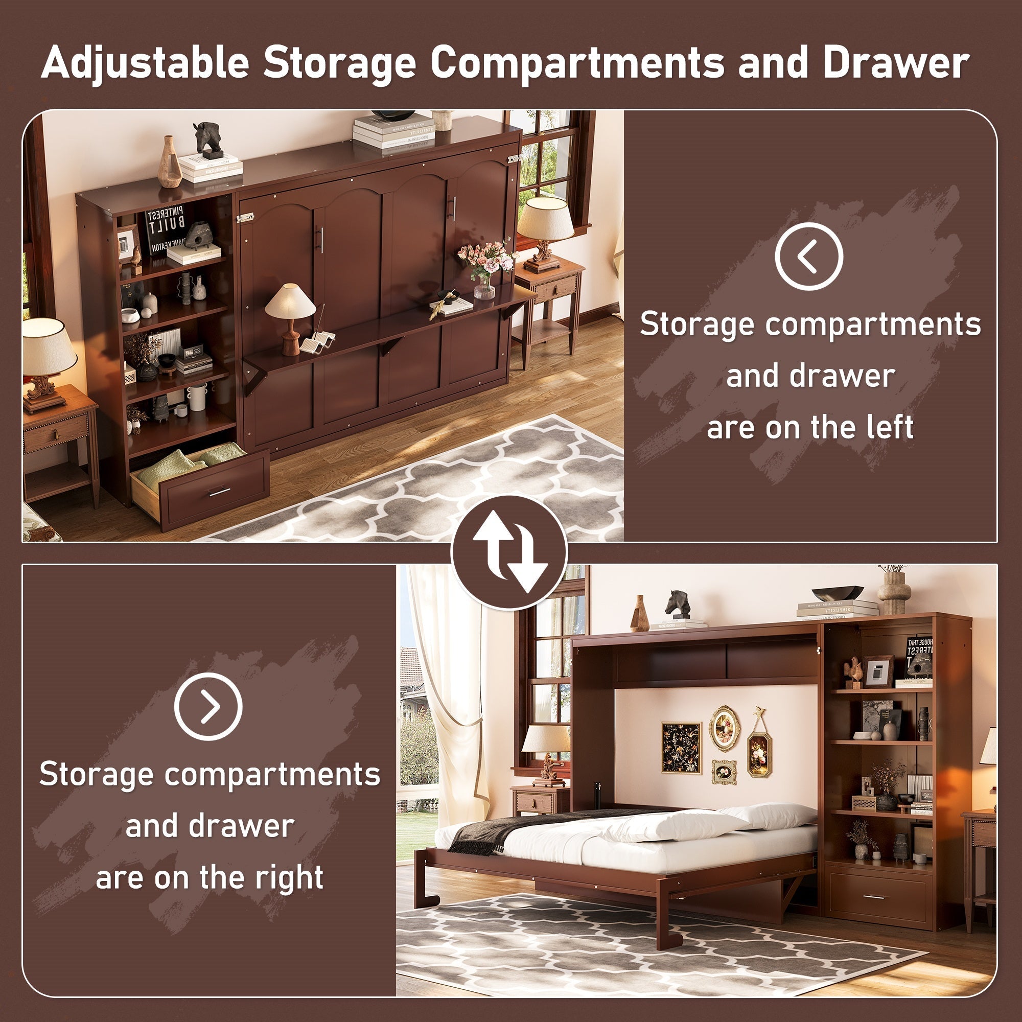 Bellemave® Queen Size Murphy Bed, Modern Folding Wall Bed with Storage Shelves & Drawer, Hidden Murphy Bed Frame for Small Spaces, Home Office - Bellemave