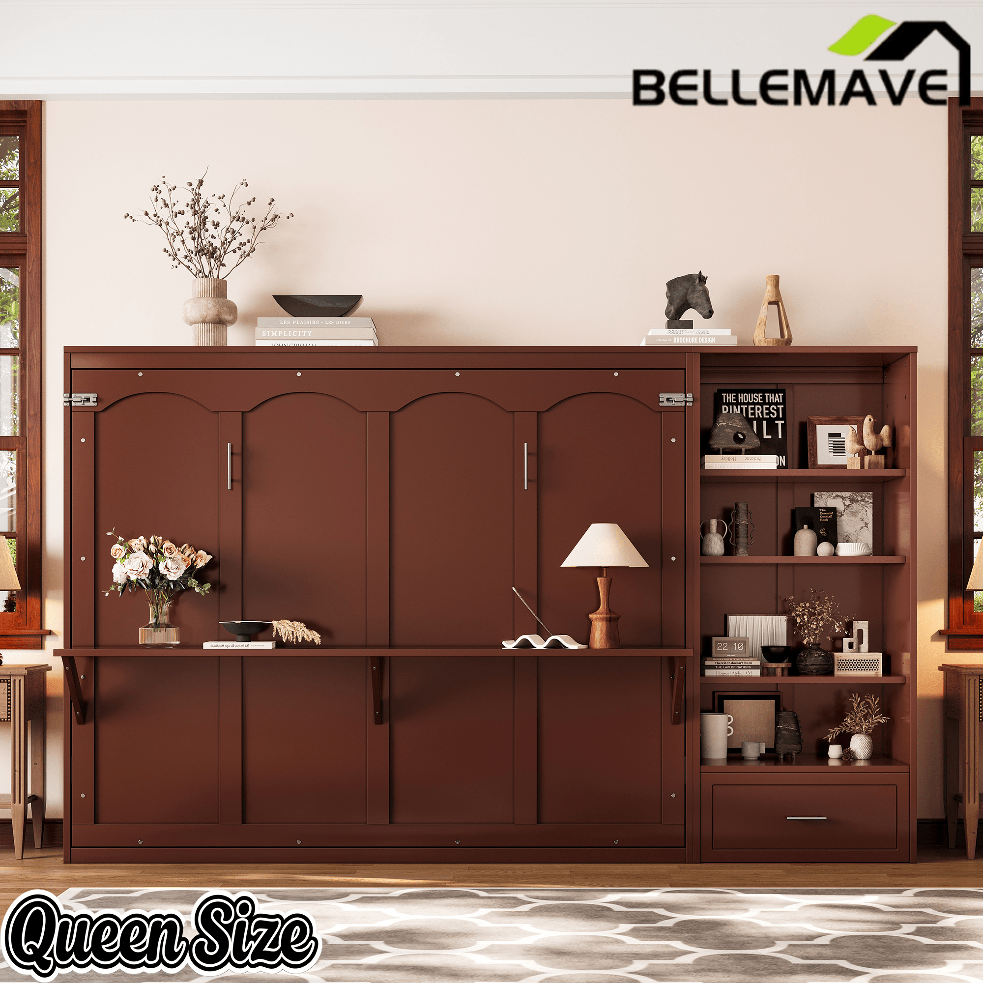 Bellemave® Queen Size Murphy Bed, Modern Folding Wall Bed with Storage Shelves & Drawer, Hidden Murphy Bed Frame for Small Spaces, Home Office - Bellemave