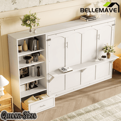 Bellemave® Queen Size Murphy Bed, Modern Folding Wall Bed with Storage Shelves & Drawer, Hidden Murphy Bed Frame for Small Spaces, Home Office - Bellemave