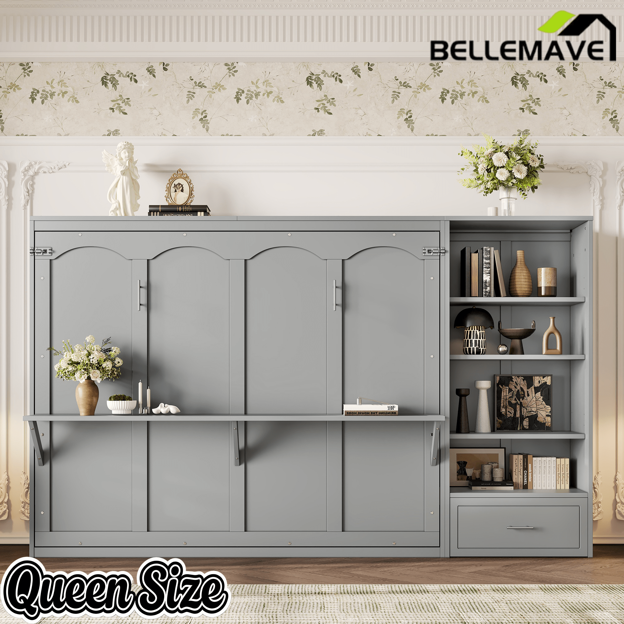 Bellemave® Queen Size Murphy Bed, Modern Folding Wall Bed with Storage Shelves & Drawer, Hidden Murphy Bed Frame for Small Spaces, Home Office - Bellemave