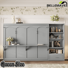 Bellemave® Queen Size Murphy Bed, Modern Folding Wall Bed with Storage Shelves & Drawer, Hidden Murphy Bed Frame for Small Spaces, Home Office - Bellemave
