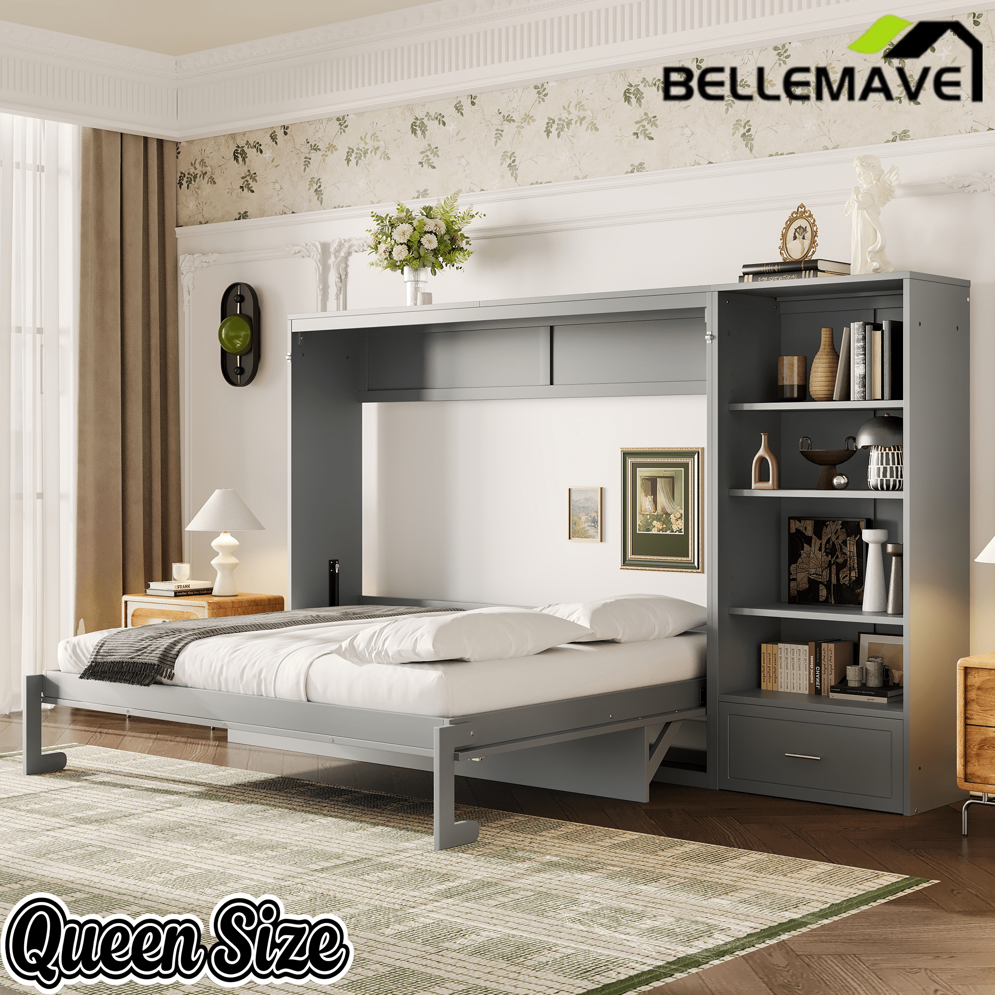 Bellemave® Queen Size Murphy Bed, Modern Folding Wall Bed with Storage Shelves & Drawer, Hidden Murphy Bed Frame for Small Spaces, Home Office - Bellemave