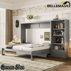Bellemave® Queen Size Murphy Bed, Modern Folding Wall Bed with Storage Shelves & Drawer, Hidden Murphy Bed Frame for Small Spaces, Home Office - Bellemave