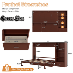 Bellemave® Queen Size Murphy Bed, Modern Folding Wall Bed with Storage Shelves & Drawer, Hidden Murphy Bed Frame for Small Spaces, Home Office - Bellemave