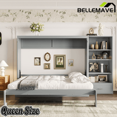 Bellemave® Queen Size Murphy Bed, Modern Folding Wall Bed with Storage Shelves & Drawer, Hidden Murphy Bed Frame for Small Spaces, Home Office - Bellemave