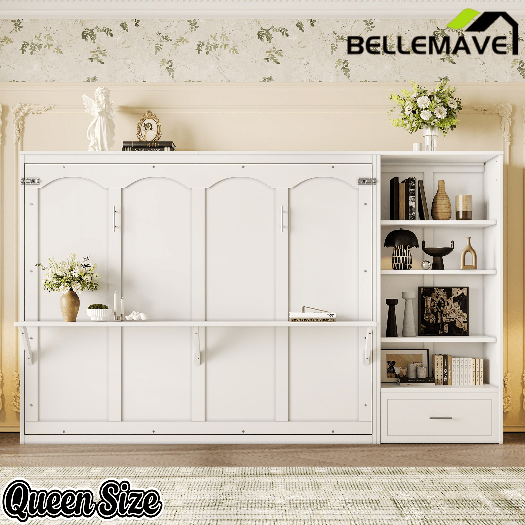 Bellemave® Queen Size Murphy Bed, Modern Folding Wall Bed with Storage Shelves & Drawer, Hidden Murphy Bed Frame for Small Spaces, Home Office - Bellemave