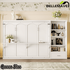 Bellemave® Queen Size Murphy Bed, Modern Folding Wall Bed with Storage Shelves & Drawer, Hidden Murphy Bed Frame for Small Spaces, Home Office - Bellemave