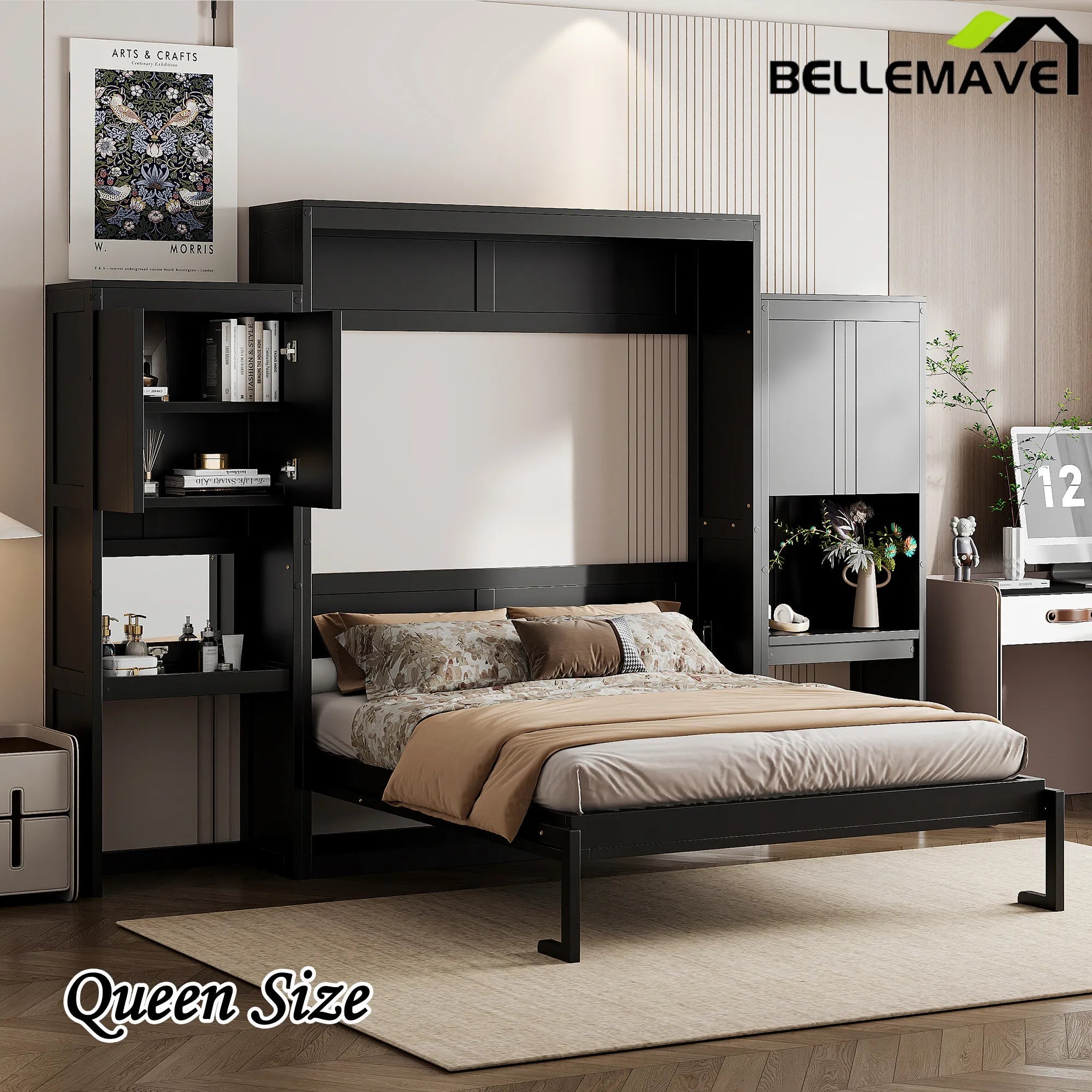 Bellemave® Queen Size Murphy Bed with Desk, Vanity and Cabinets - Bellemave