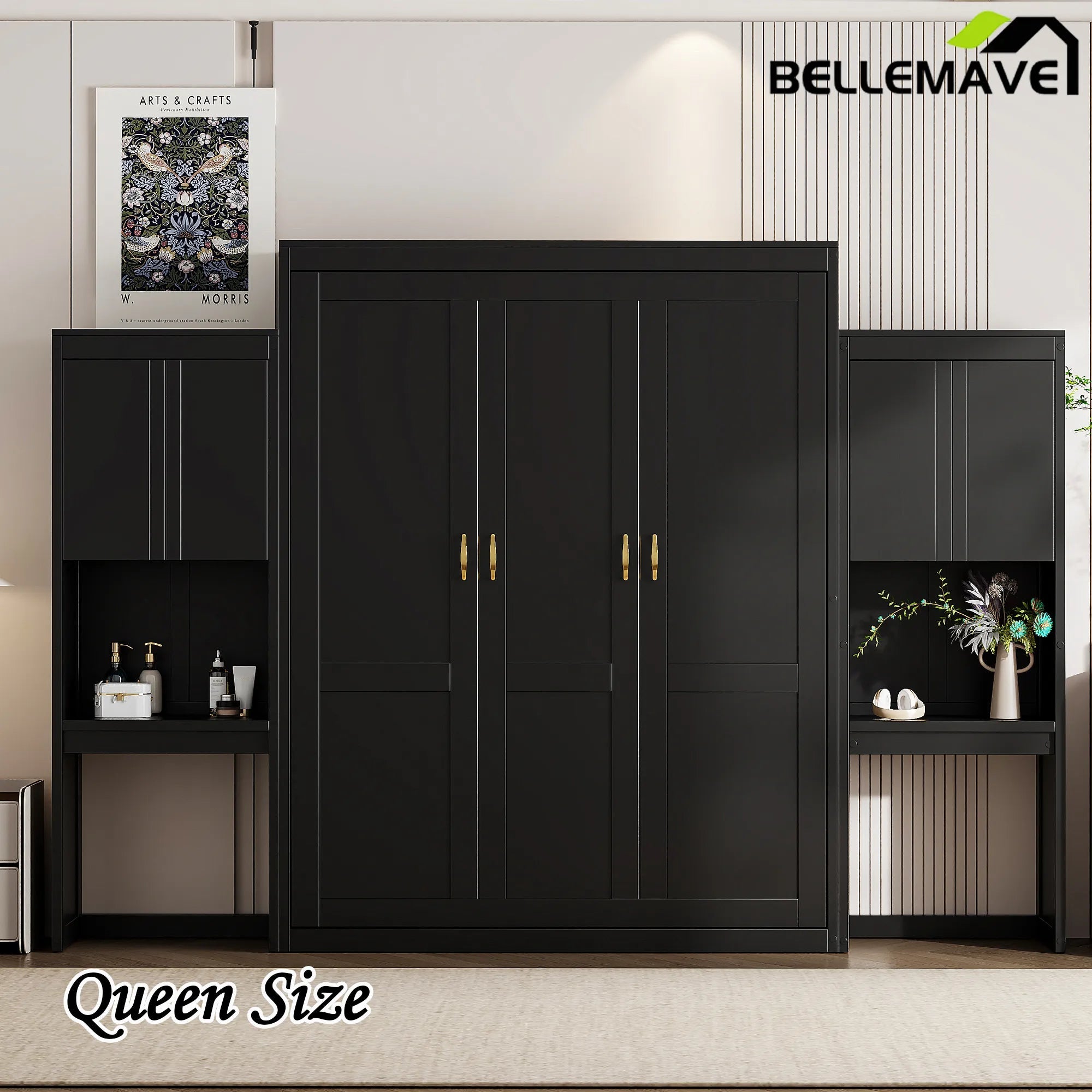 Bellemave® Queen Size Murphy Bed with Desk, Vanity and Cabinets - Bellemave