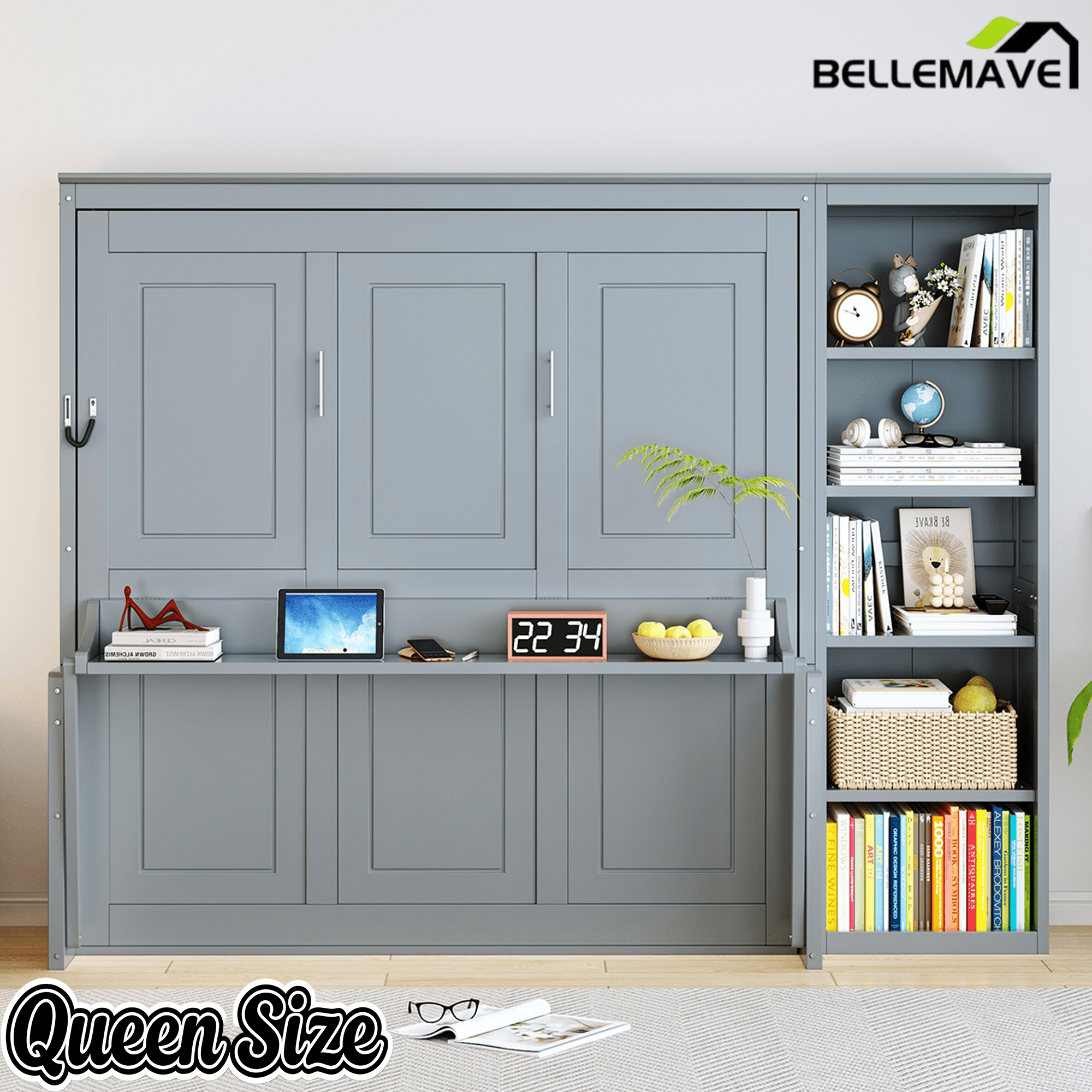 Bellemave® Queen Size Murphy Bed with Foldable Shelf/Desk, Wall Bed cabinet with Storage Shelves & Desk for Bedroom, Small Space,with Slats Support,No Need Spring Box.(White) - Bellemave