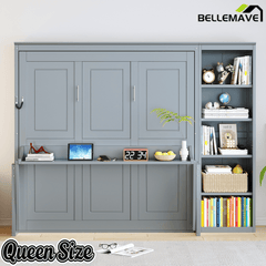 Bellemave® Queen Size Murphy Bed with Foldable Shelf/Desk, Wall Bed cabinet with Storage Shelves & Desk for Bedroom, Small Space,with Slats Support,No Need Spring Box.(White) - Bellemave