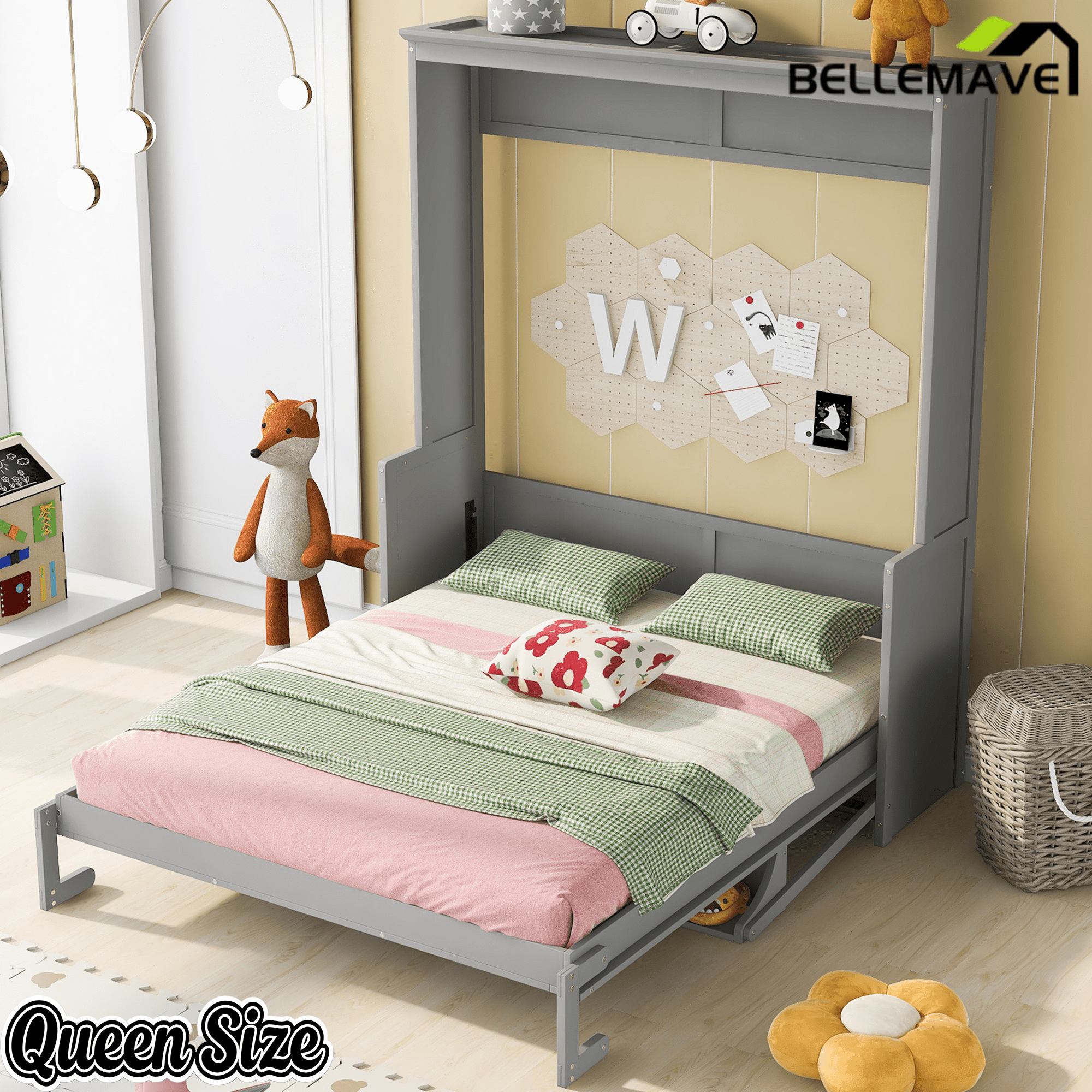 Bellemave® Queen Size Murphy Bed with Foldable Shelf/Desk, Wall Bed cabinet with Storage Shelves & Desk for Bedroom, Small Space,with Slats Support,No Need Spring Box.(White) - Bellemave