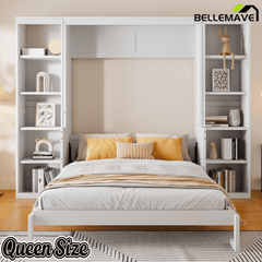 Bellemave® Queen Size Murphy Bed with Foldable Shelf/Desk, Wall Bed cabinet with Storage Shelves & Desk for Bedroom, Small Space,with Slats Support,No Need Spring Box.(White) - Bellemave