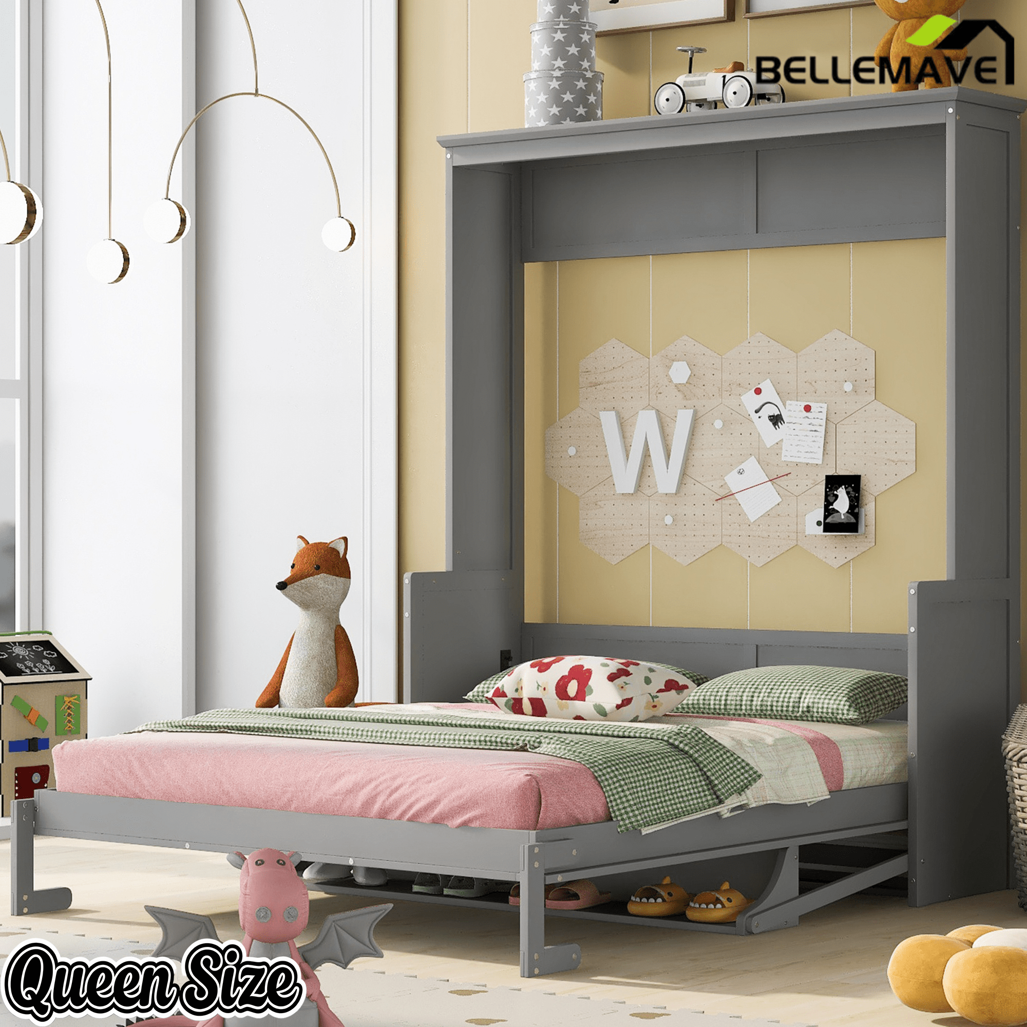 Bellemave® Queen Size Murphy Bed with Foldable Shelf/Desk, Wall Bed cabinet with Storage Shelves & Desk for Bedroom, Small Space,with Slats Support,No Need Spring Box.(White) - Bellemave