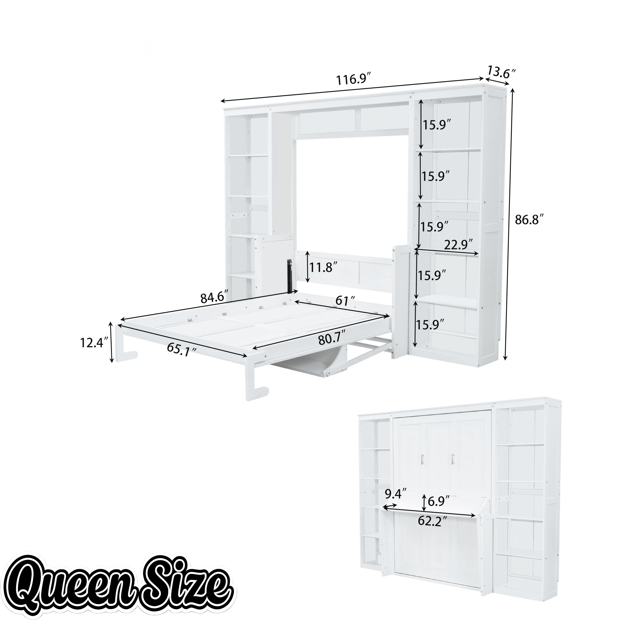 Bellemave® Queen Size Murphy Bed with Foldable Shelf/Desk, Wall Bed cabinet with Storage Shelves & Desk for Bedroom, Small Space,with Slats Support,No Need Spring Box.(White) - Bellemave