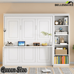 Bellemave® Queen Size Murphy Bed with Foldable Shelf/Desk, Wall Bed cabinet with Storage Shelves & Desk for Bedroom, Small Space,with Slats Support,No Need Spring Box.(White) - Bellemave