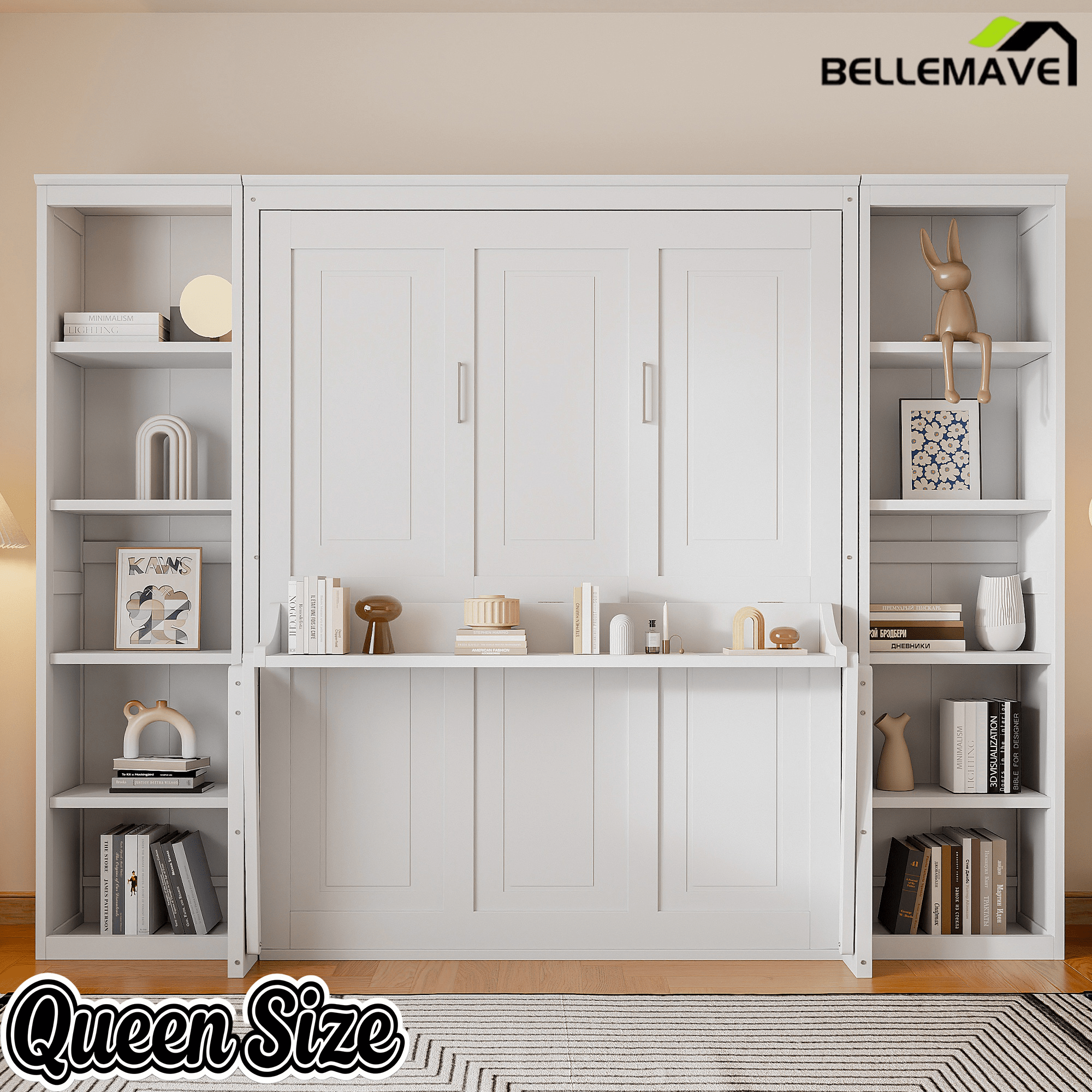 Bellemave® Queen Size Murphy Bed with Foldable Shelf/Desk, Wall Bed cabinet with Storage Shelves & Desk for Bedroom, Small Space,with Slats Support,No Need Spring Box.(White) - Bellemave