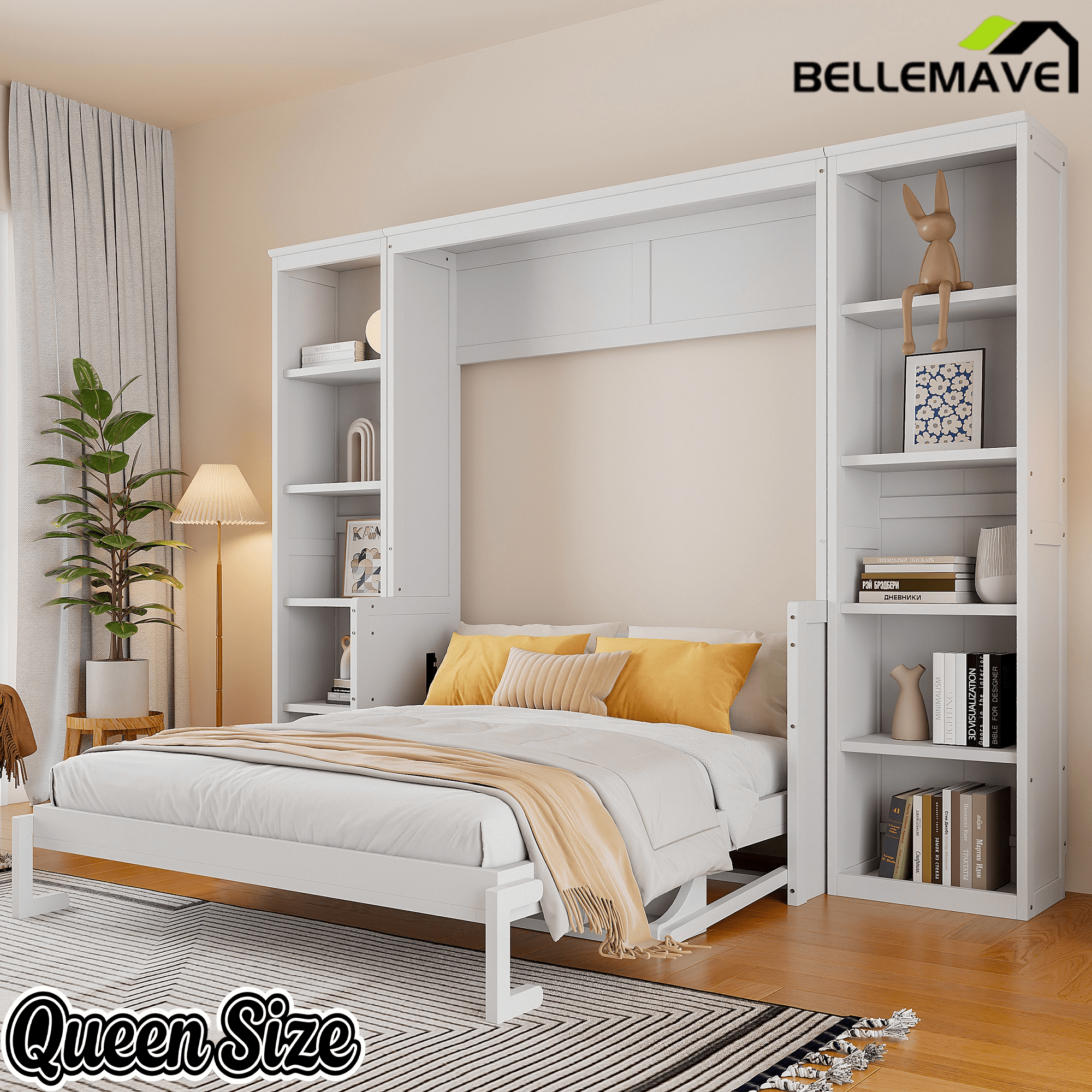 Bellemave® Queen Size Murphy Bed with Foldable Shelf/Desk, Wall Bed cabinet with Storage Shelves & Desk for Bedroom, Small Space,with Slats Support,No Need Spring Box.(White) - Bellemave