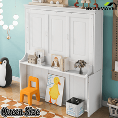 Bellemave® Queen Size Murphy Bed with Foldable Shelf/Desk, Wall Bed cabinet with Storage Shelves & Desk for Bedroom, Small Space,with Slats Support,No Need Spring Box.(White) - Bellemave