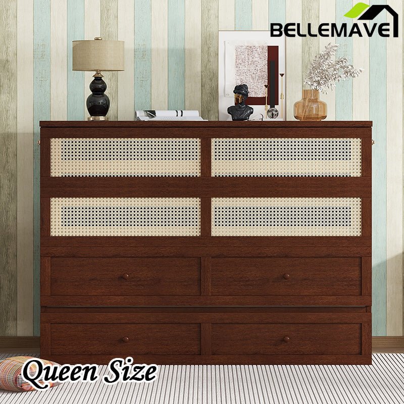 Bellemave® Queen Size Murphy Bed with Rattan Decoration and Storage Drawer - Bellemave