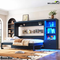 Dark blue Queen Murphy bed opened beside a blue LED-lit storage cabinet