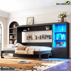 Dark gray Queen Murphy bed folded down beside the integrated storage cabinet