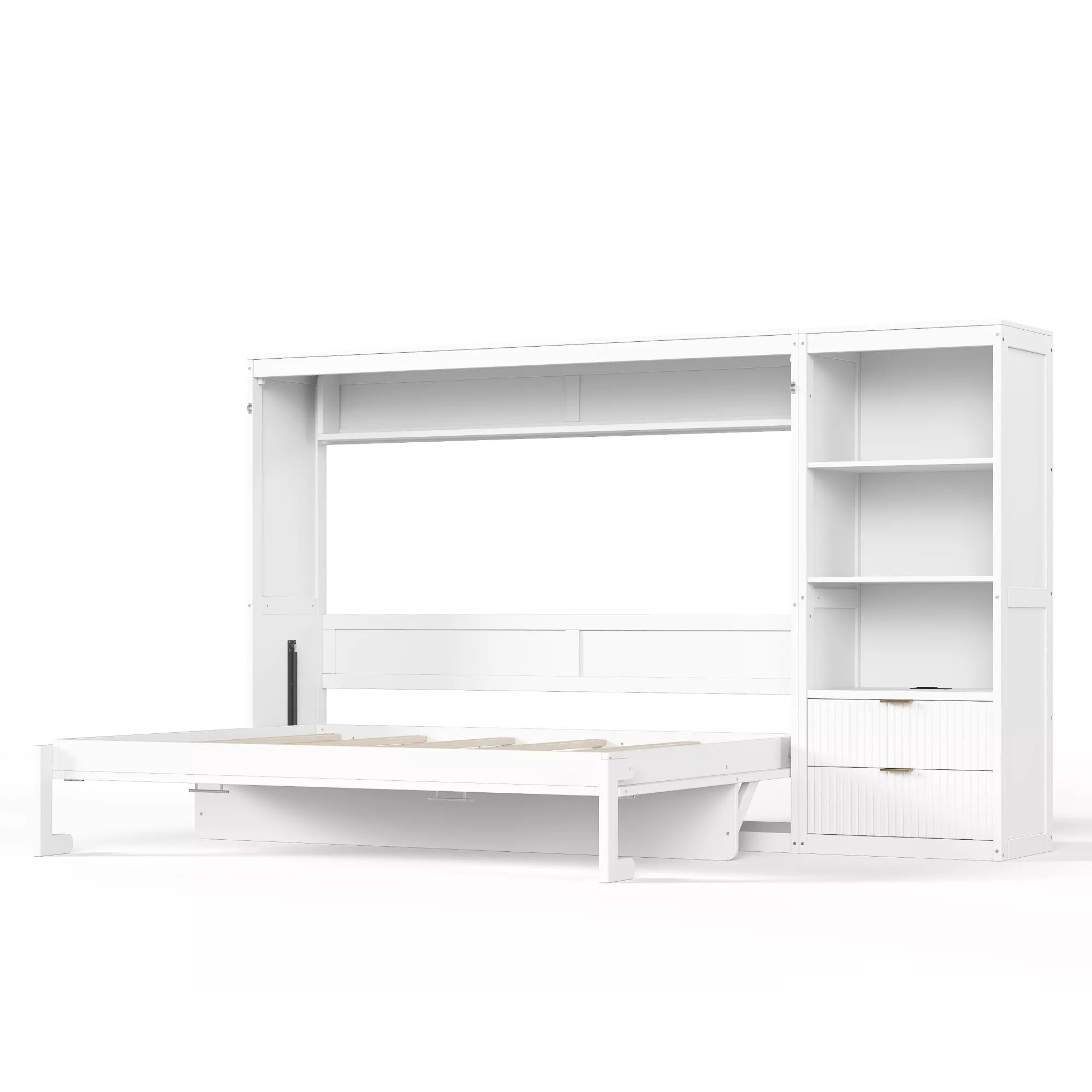 White Queen Murphy bed folded down beside the built-in storage cabinet