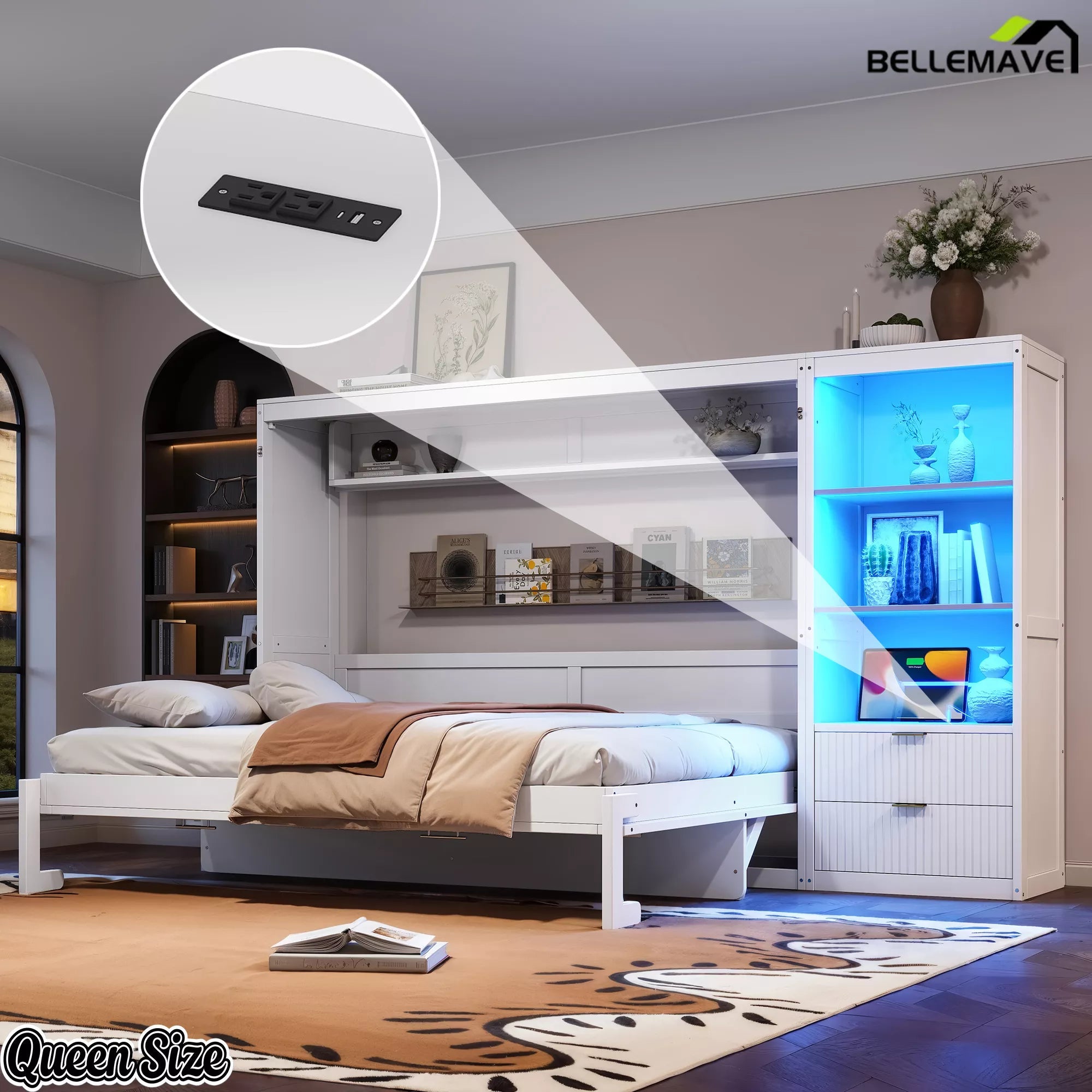 Close-up of the white Murphy bed built-in charging station and LED display shelves