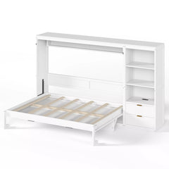 Open white Queen Murphy bed with integrated side storage shelves