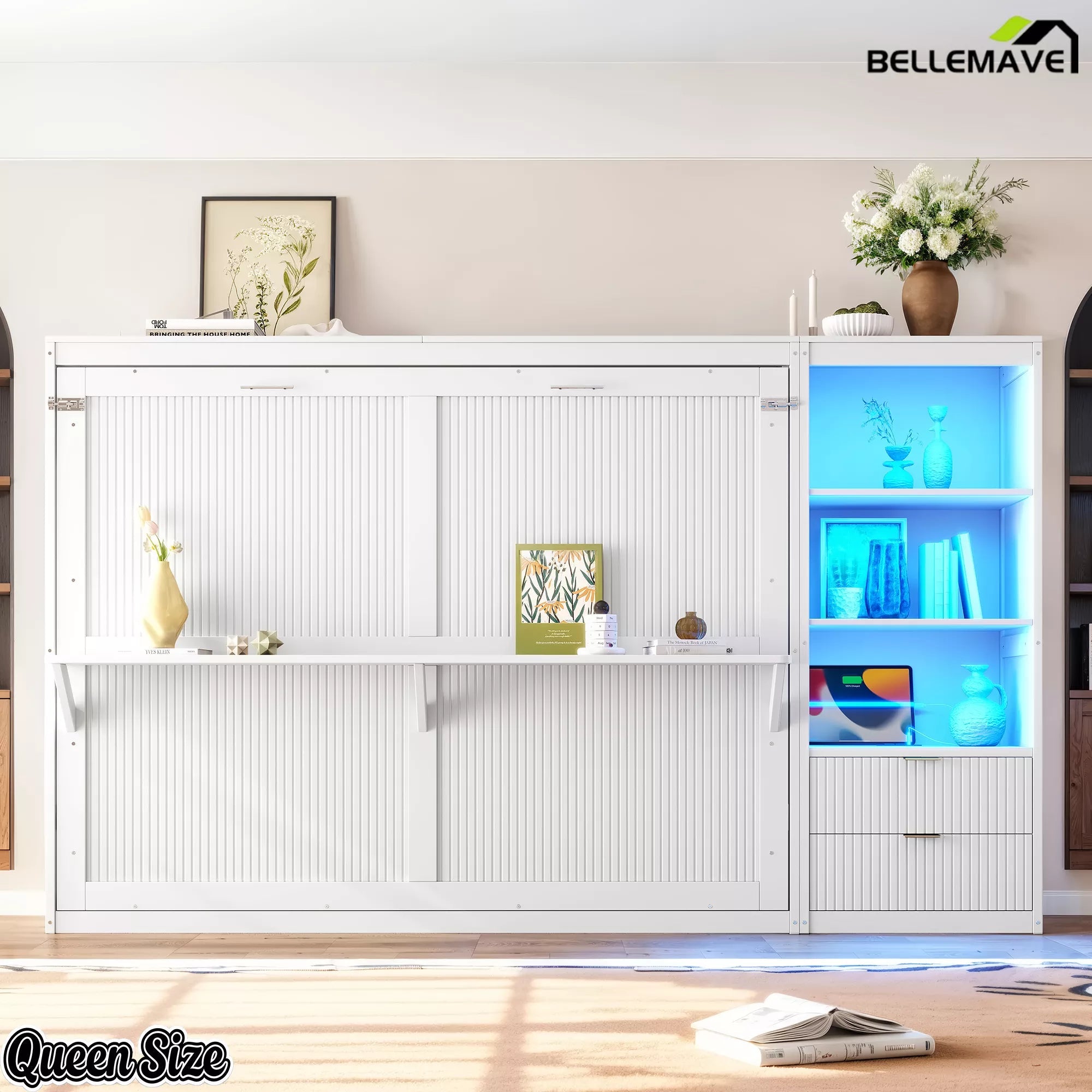 Closed white Queen Murphy bed cabinet with integrated side shelving