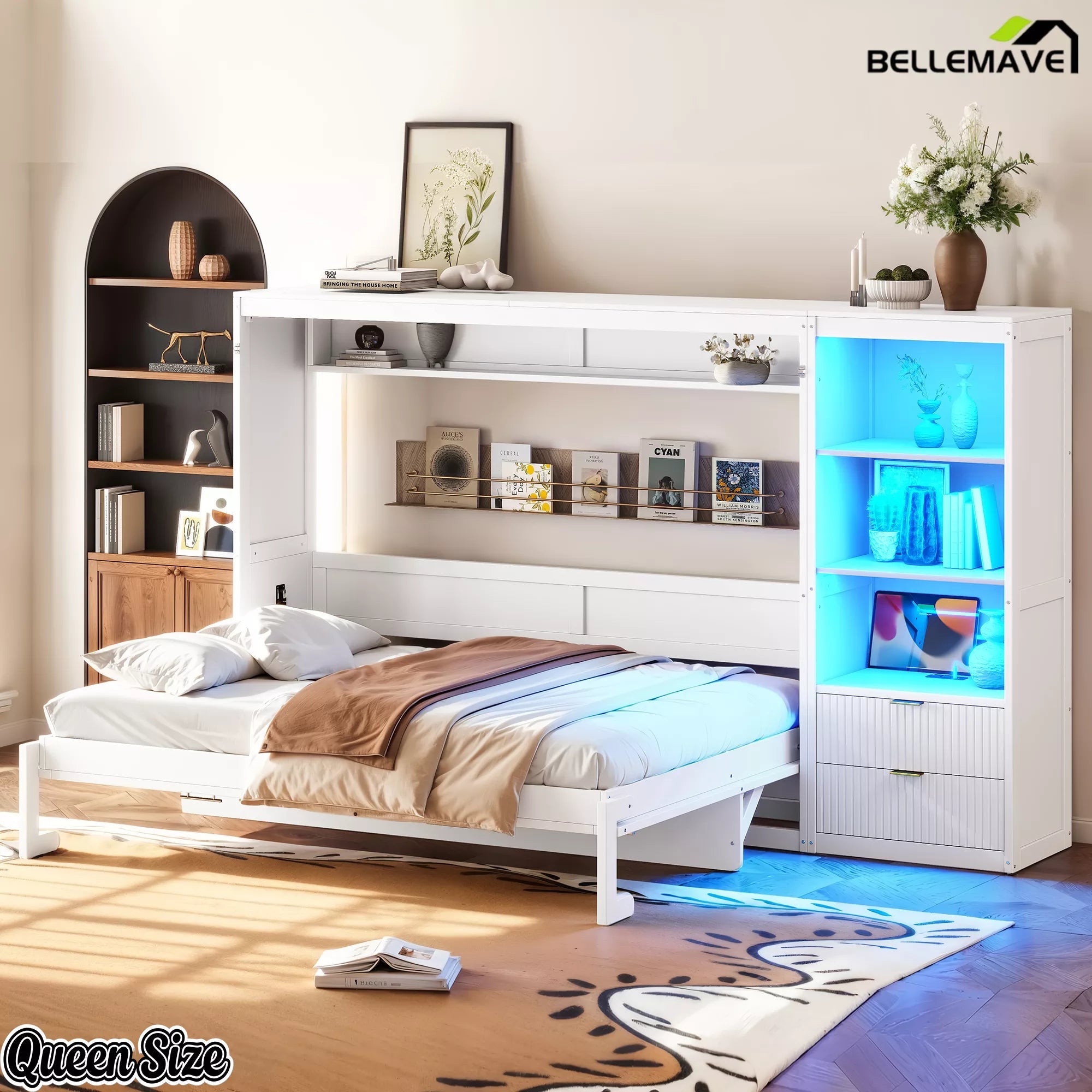 White Queen Murphy bed in sleeping position with blue LED-lit side shelving