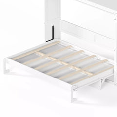 Close-up of the open white Murphy bed frame and wooden mattress support slats