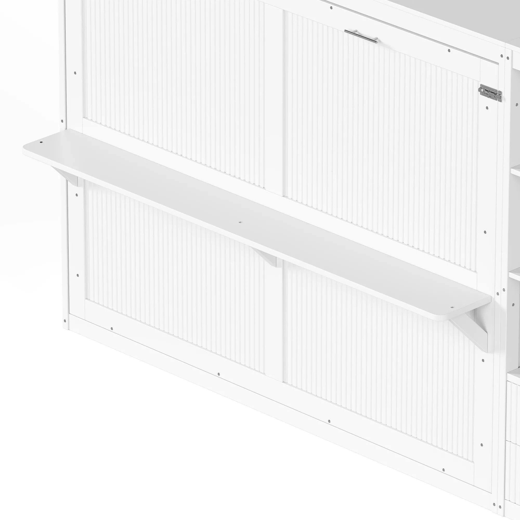 Close-up of white Murphy bed cabinet doors and open display shelving