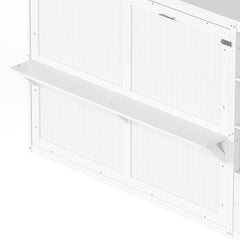 Close-up of white Murphy bed cabinet doors and open display shelving