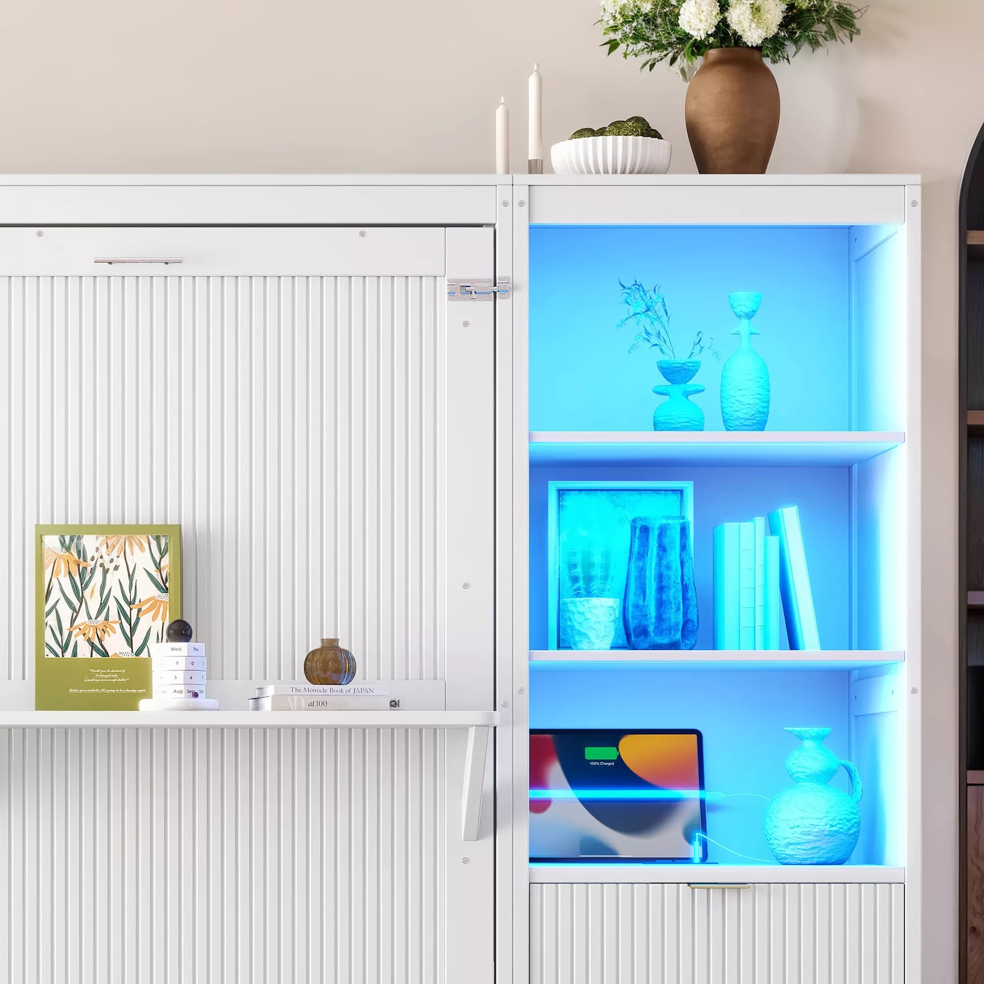 White Murphy bed side cabinet with blue LED-lit display shelves