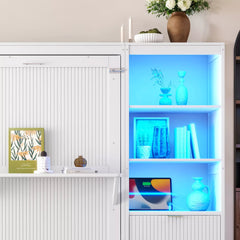 White Murphy bed side cabinet with blue LED-lit display shelves