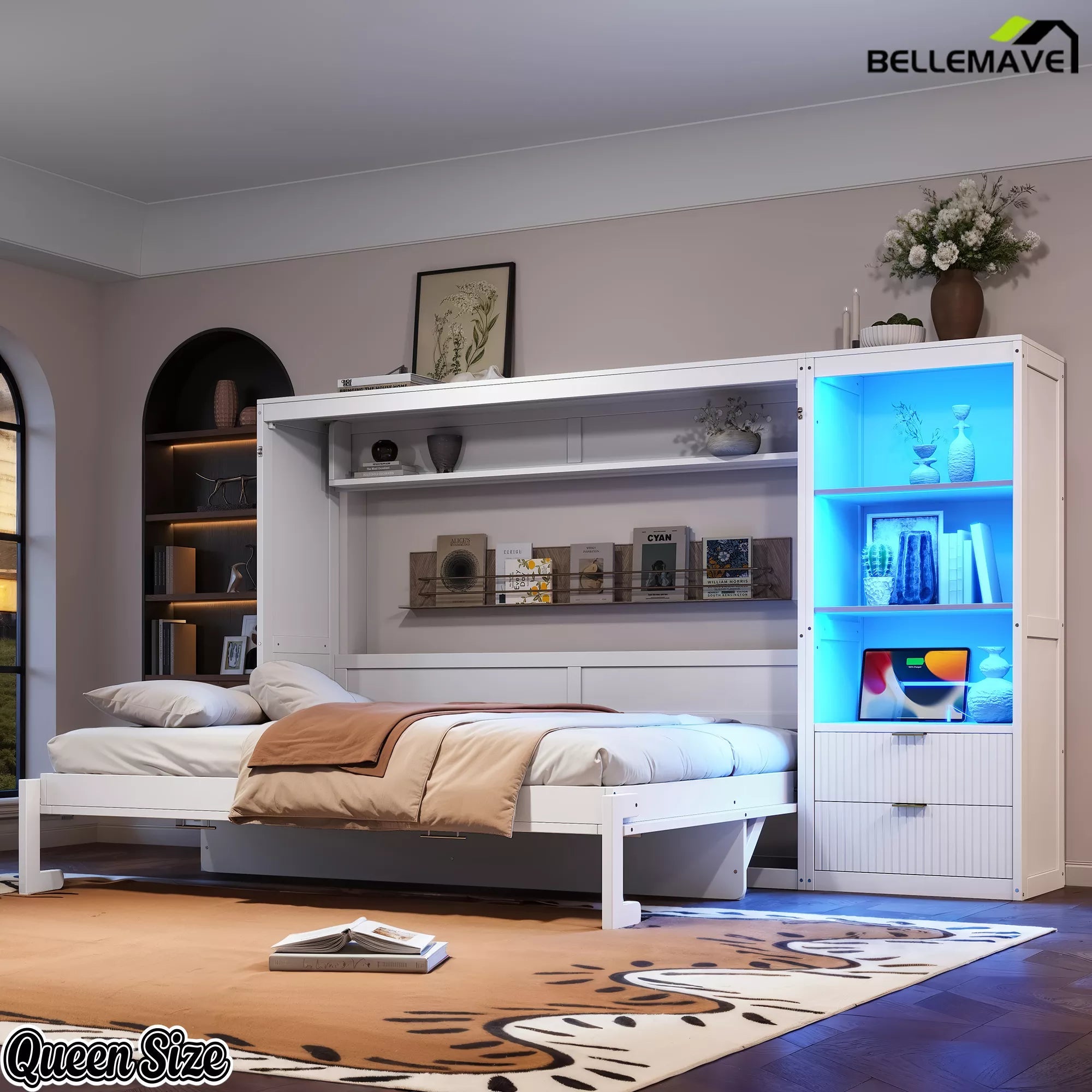 White Queen fold-down wall bed styled in a bedroom with illuminated storage shelves