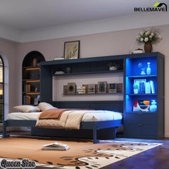 Dark blue fold-down wall bed in sleeping position with side cabinet and LED lighting
