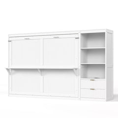 Angled view of a closed white foldable wall bed with integrated storage cabinet