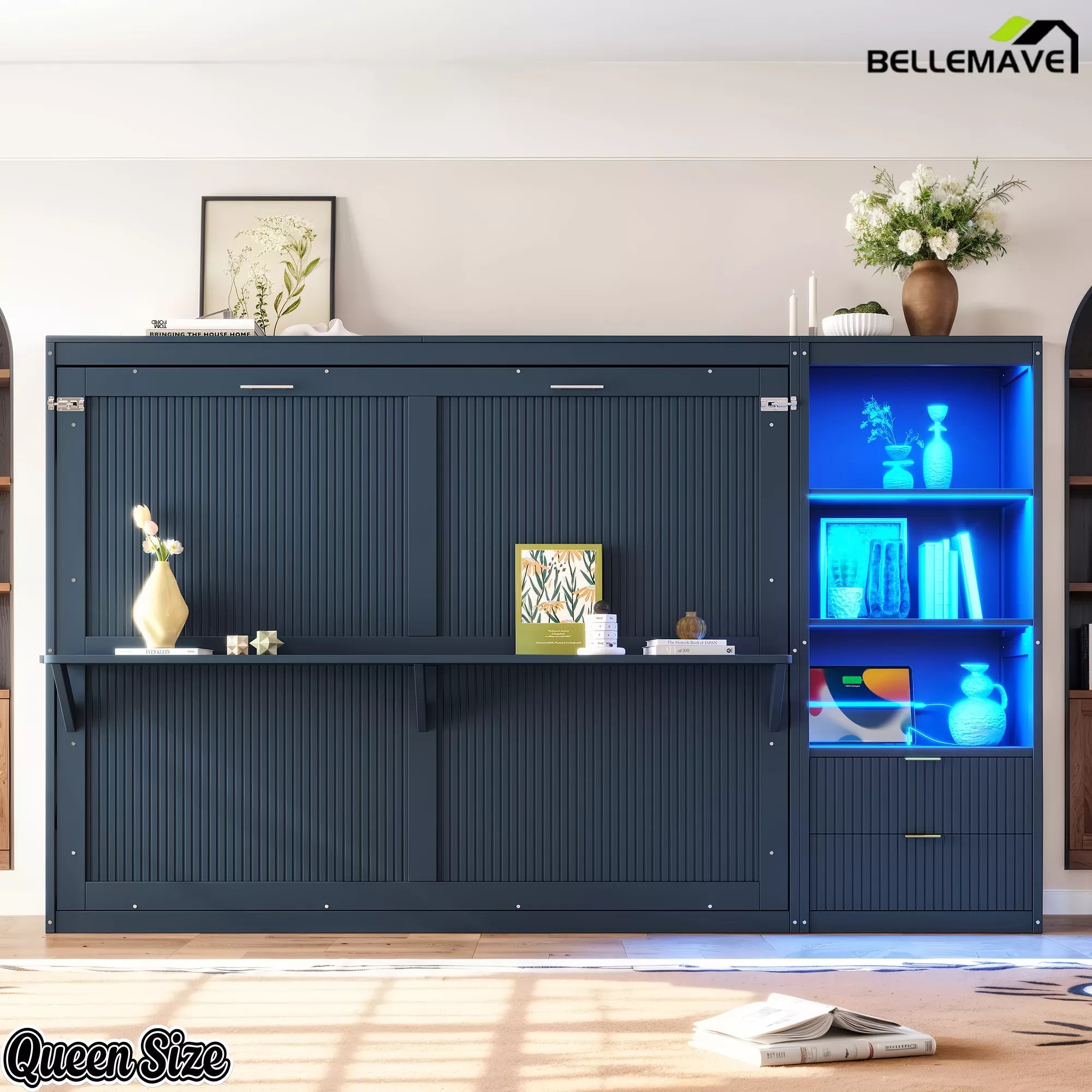 Front view of a dark blue Murphy bed cabinet with illuminated open shelves