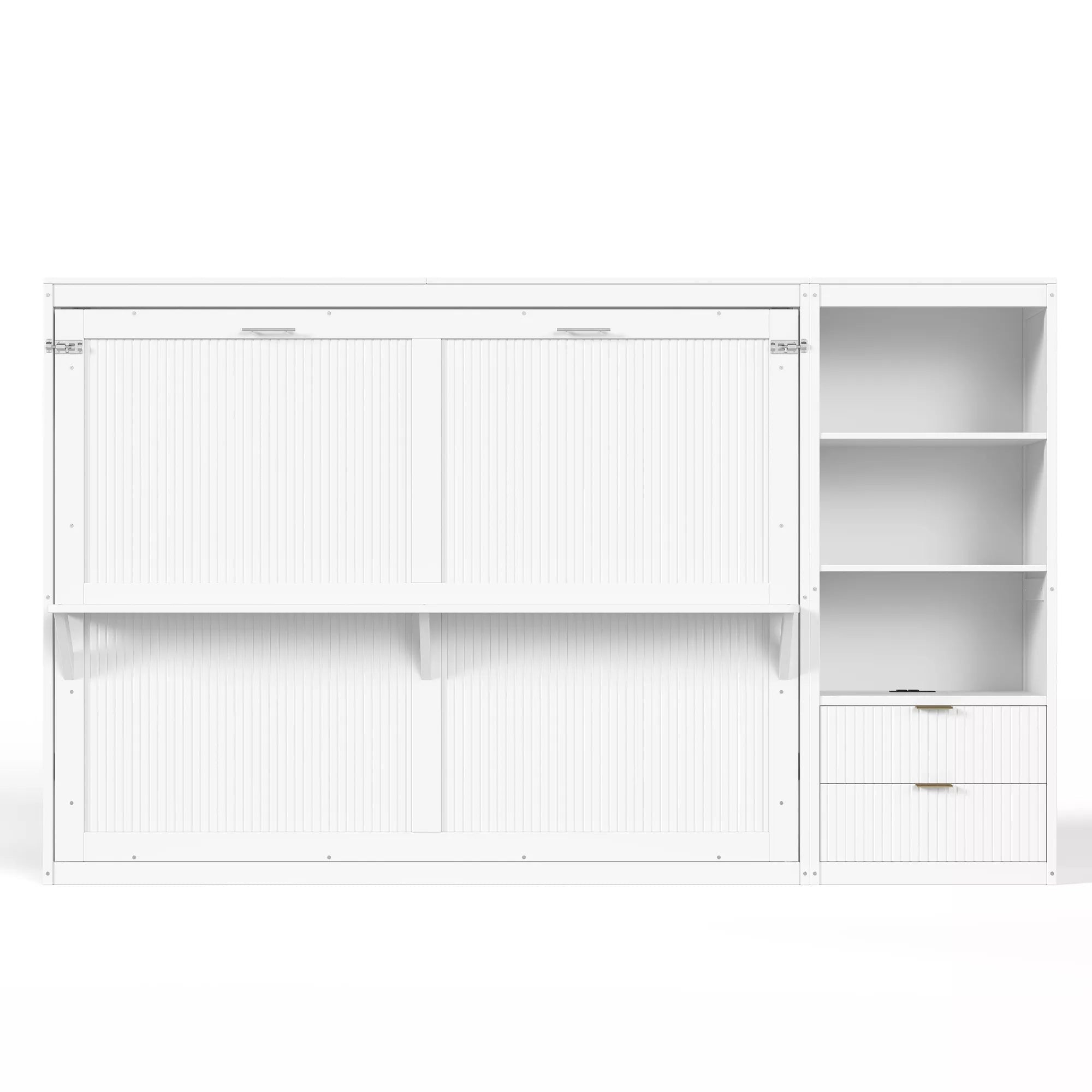 Front view of a closed white Murphy bed cabinet with side shelving