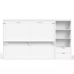 Front view of a closed white Murphy bed cabinet with side shelving