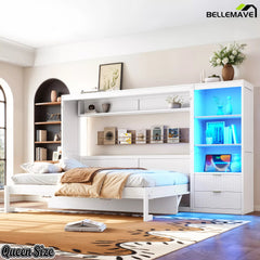 White Queen Murphy bed opened beside its built-in storage cabinet