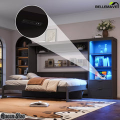 Close-up of the dark gray Murphy bed charging station and blue LED-lit shelves