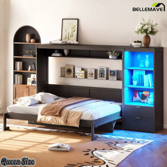 Dark gray Murphy bed opened beside a cabinet with blue LED display shelves