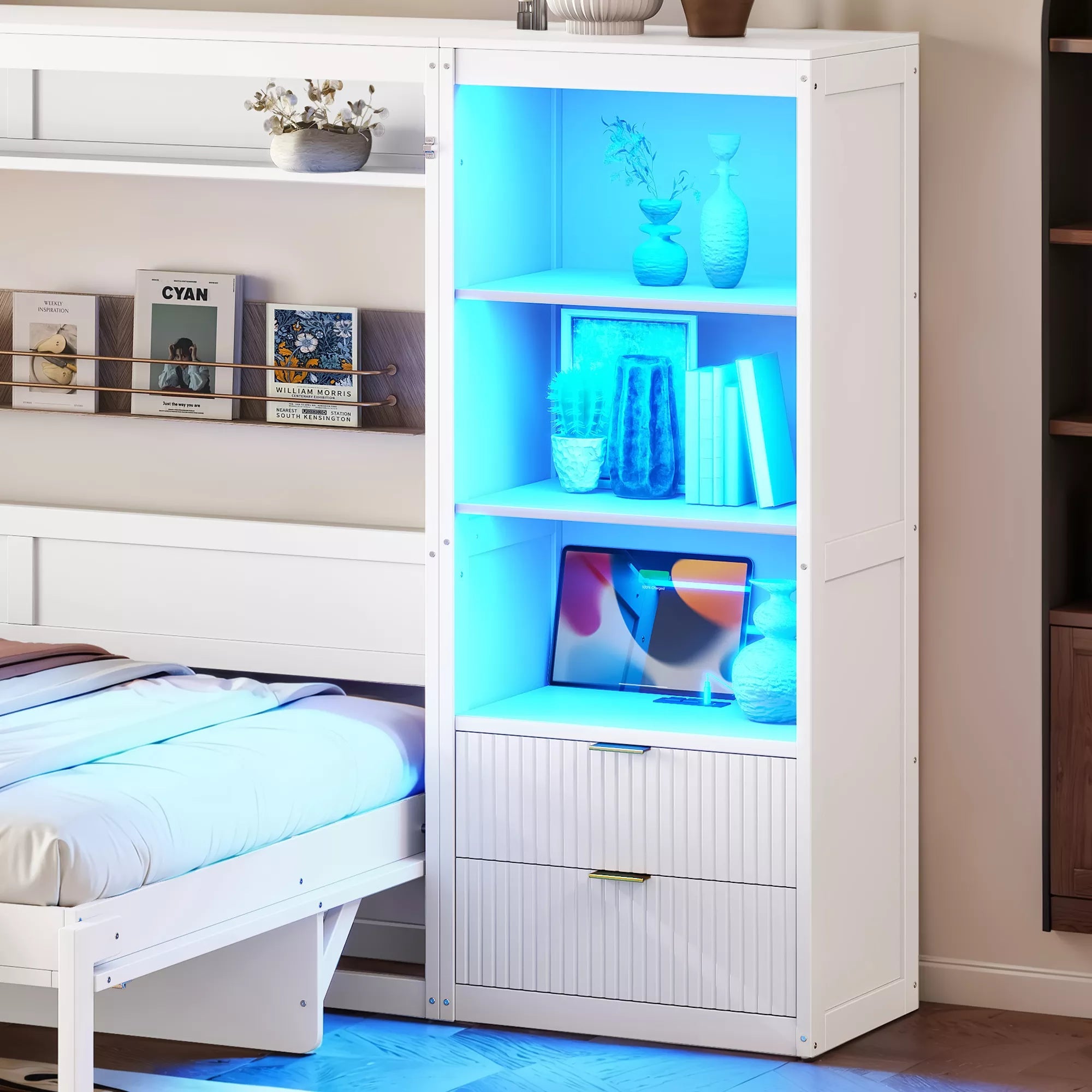 White Queen Murphy bed opened beside a cabinet with illuminated shelves