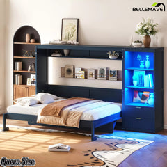 Dark blue Queen Murphy bed with open display shelves and storage drawers